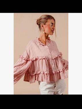 So Me Pink & White Ruffle-Trim Striped Button Front Top